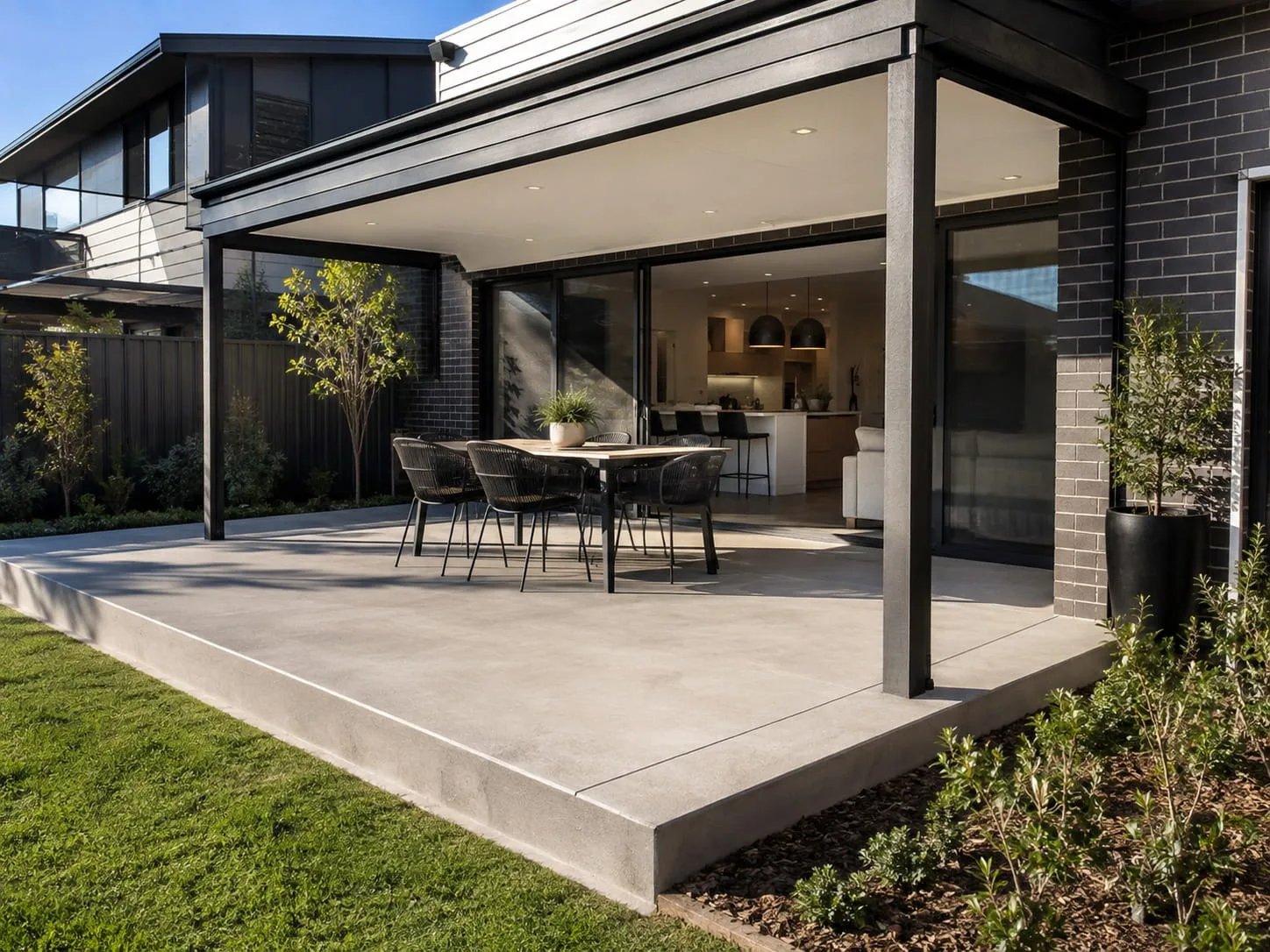 Concrete patio under a covered alfresco with an outdoor dining setting, opening off a Newcastle kitchen